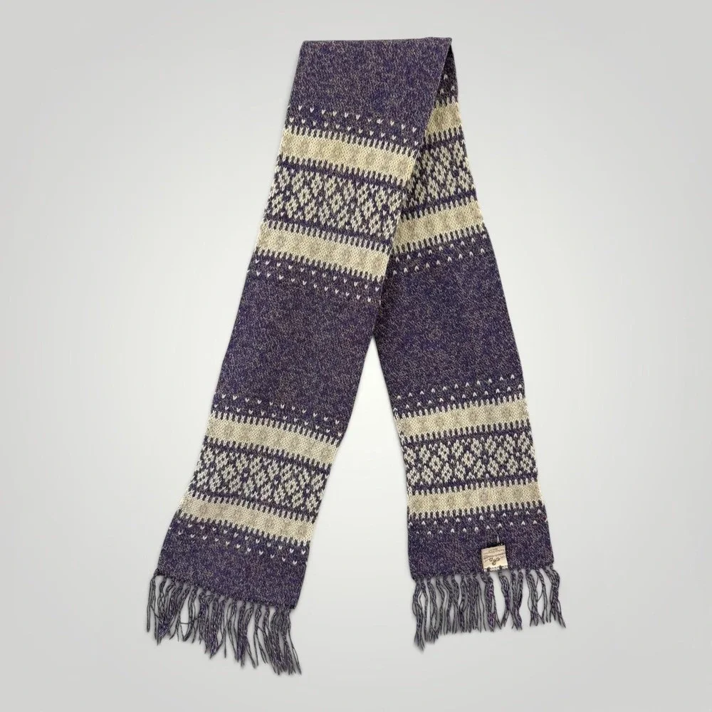 Eastern Mountain Sports Wool Scarf Purple Fair Isle Fringe USA Winter Knit